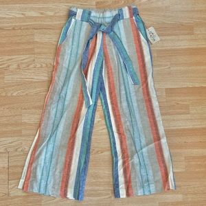 NWT Indigo Rein Multicolored Linen Wide Leg Cropped Pant Belted Paper Bag Medium